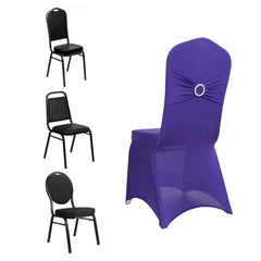 Spandex Chair Cover with Silver Rhinestone Buckled Sash Band Purple - Stretch Fitted Slipcover