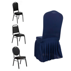 Spandex Chair Cover with Ruffle Pleated Skirt for Banquet Chairs Navy Blue - 1-Piece Stretch Fitted Slipcover