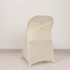 Stretch Spandex Chair Cover Ivory for Folding Chairs - Secure Fit Slipcover with Silver Rhinestone Buckled Sash Band