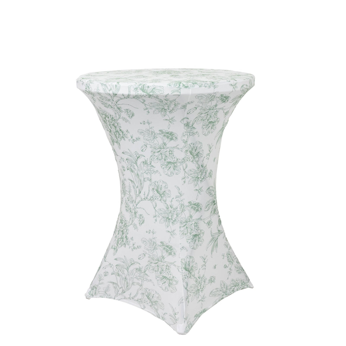 Spandex Round Cocktail Table Cover – Dusty Sage Green & White French Toile, 30" Highboy Stretch Fitted Tablecloth