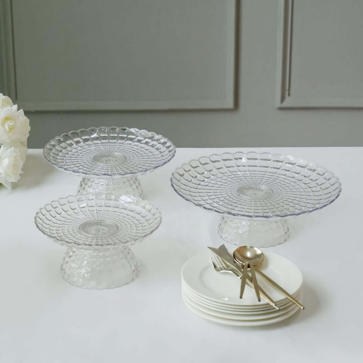Set of 3 Plastic Cupcake Stands Clear Pressed Glass Pattern - Modern Stackable & Reusable Cake Dessert Pedestal Display Holders with Scalloped Edges 8", 10", 12"