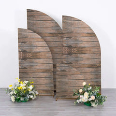 Set of 4 Brown Spandex Chiara Wedding Arch Covers With Rustic Wood Print, Fitted Covers For Half Moon Backdrop Stands - 2.5ft, 5ft, 6ft, 7ft