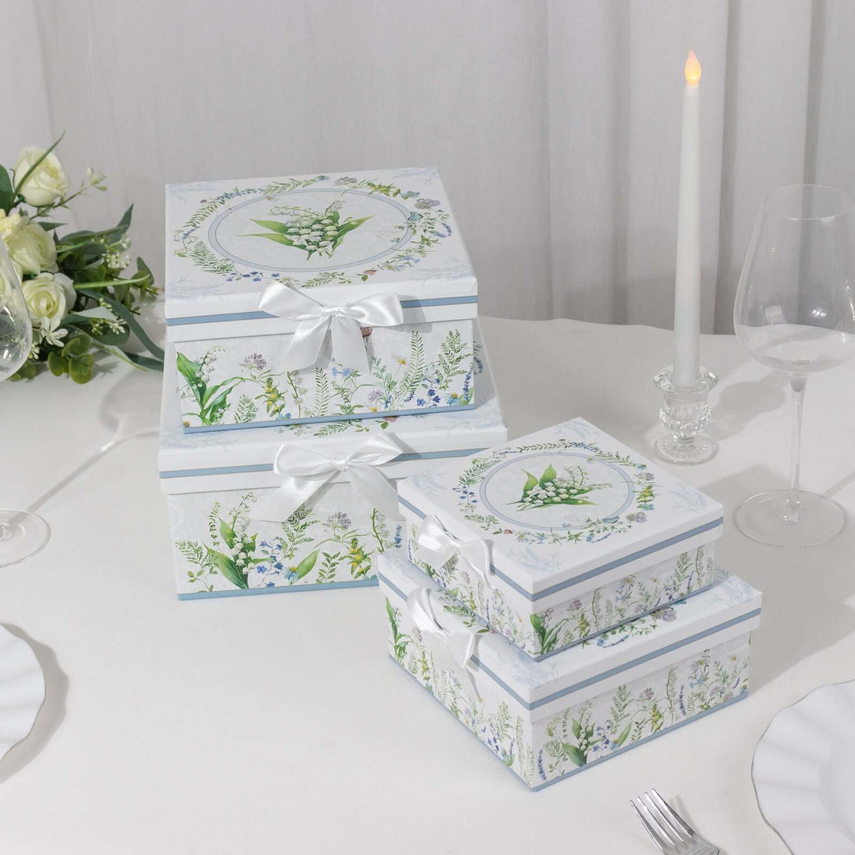 Set of 4 Cardstock Square Nesting Gift Boxes White Green Floral Design - Decorative Heavy Duty Stackable Keepsake Boxes With Lids for Presents Storage & Pedestal Stand 6",7",8",9"