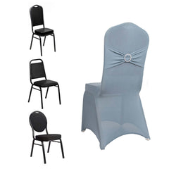 Spandex Chair Cover with Silver Rhinestone Buckled Sash Band Dusty Blue - Stretch Fitted Slipcover