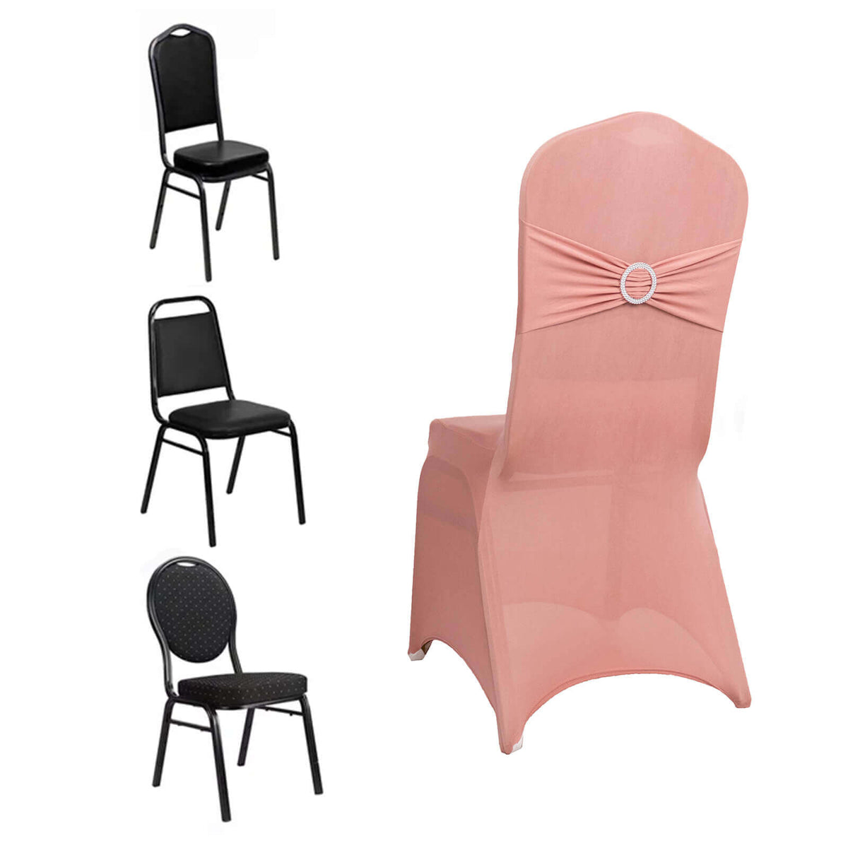 Spandex Chair Cover with Silver Rhinestone Buckled Sash Band Dusty Rose - Stretch Fitted Slipcover