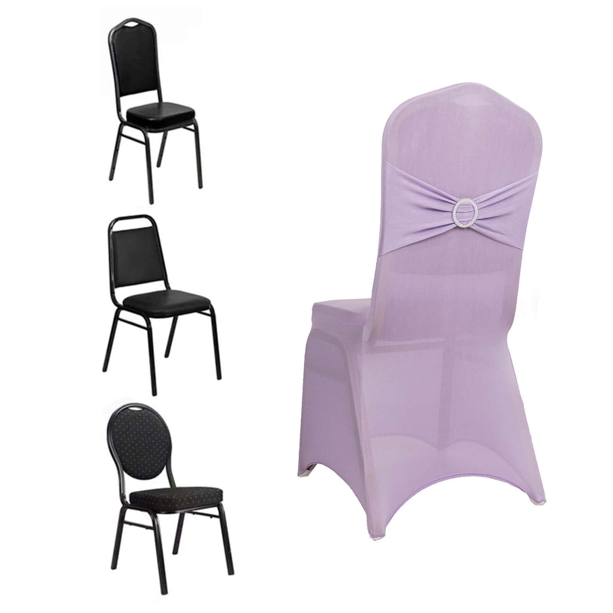 Spandex Chair Cover with Silver Rhinestone Buckled Sash Band Lavender Lilac - Stretch Fitted Slipcover