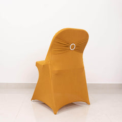 Stretch Spandex Chair Cover Gold for Folding Chairs - Enhanced Style & Secure Fit Slipcover with Stunning Silver Rhinestone Buckled Sash Band
